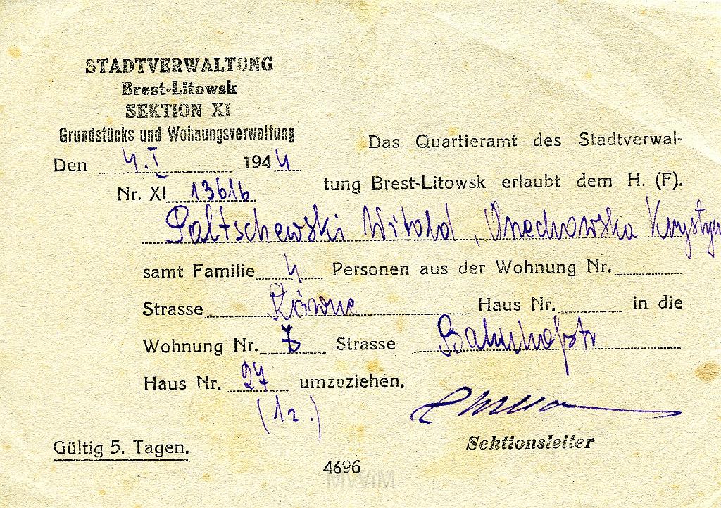 KKE 114.jpg - Zaświadczenie o meldunku Witolda Palczewskiego z rodziną, Brześć, 04.I.1944 r.